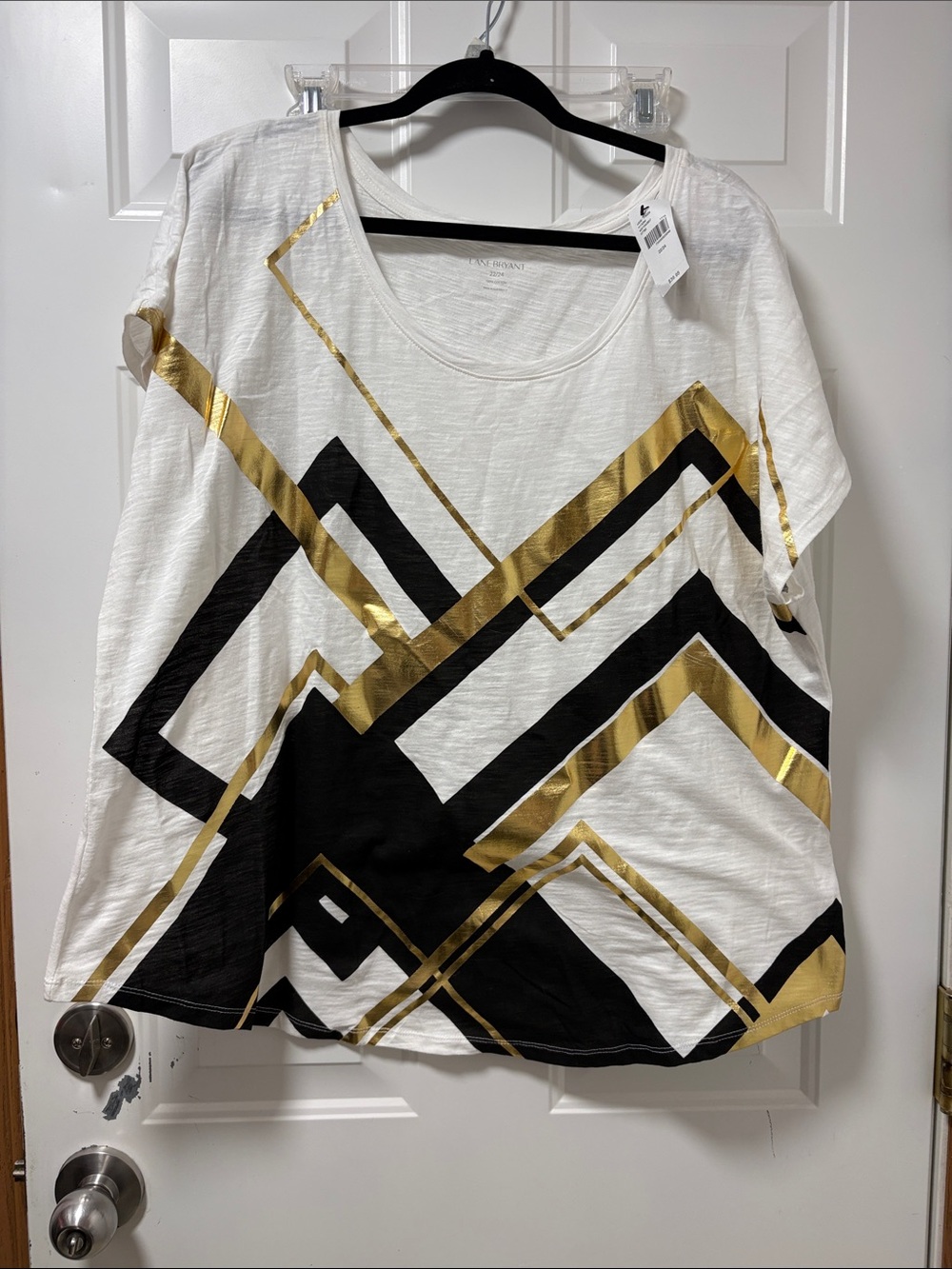 Lane Bryant White Scoop Neck Top with Black & Gold Geometric Print